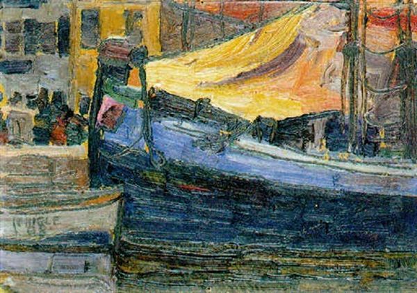 Verankerte Boote Mit Hauswand Im Hintergrund Oil Painting by Egon Schiele