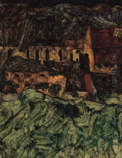 Wiese, Kirche Und Hauser (modling) Oil Painting by Egon Schiele