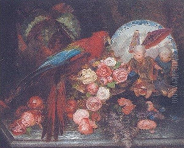 Still Life With Chinese Doll, A Parrot And A Bowl Of Roses Oil Painting by Gabriel Boutet