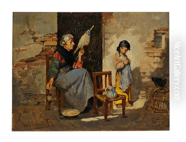 Italienische Grosmutter Am Spinnrocken, Daneben Die Enkeltochter Oil Painting by Robert Schielin