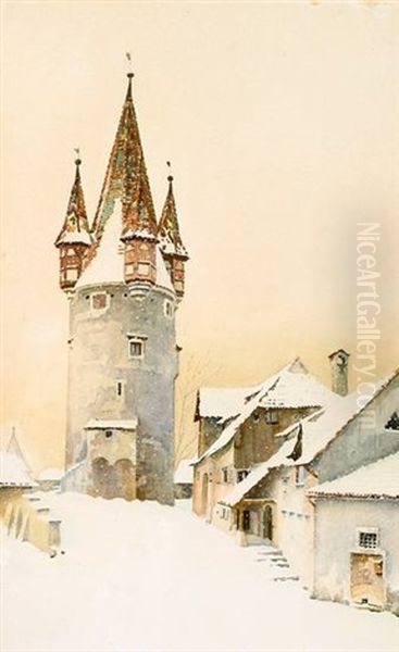 Der Diebsturm Und Die Glockengieserhutte Am Oberen Schrannenplatz Zu Lindau Im Winter Oil Painting by Robert Schielin