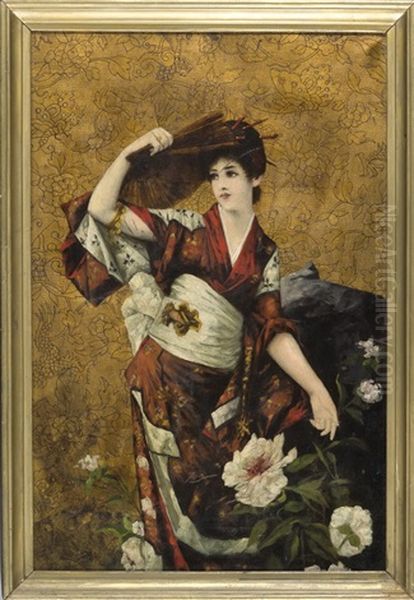 Japanerin Im Kimono Mit Facher Vor Einem Paonienstrauch Stehend Oil Painting by Franz Schier