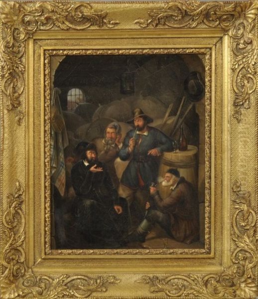 Genreszene: Drei Manner Horen Weitgereistem Kaufmann In Lagerraum Zu Oil Painting by August Ferdinand Schiertz