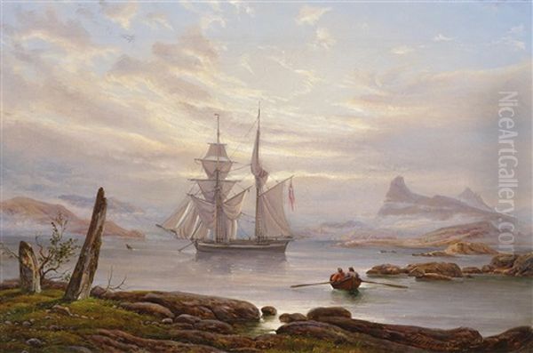 Vor Anker Liegender Zweimaster In Einem Fjord Im Nordlichen Norwegen Oil Painting by Franz Wilhelm Schiertz