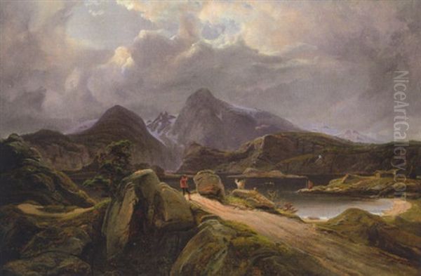 Strandpartie An Einem Fjord In Norwegen Oil Painting by Franz Wilhelm Schiertz