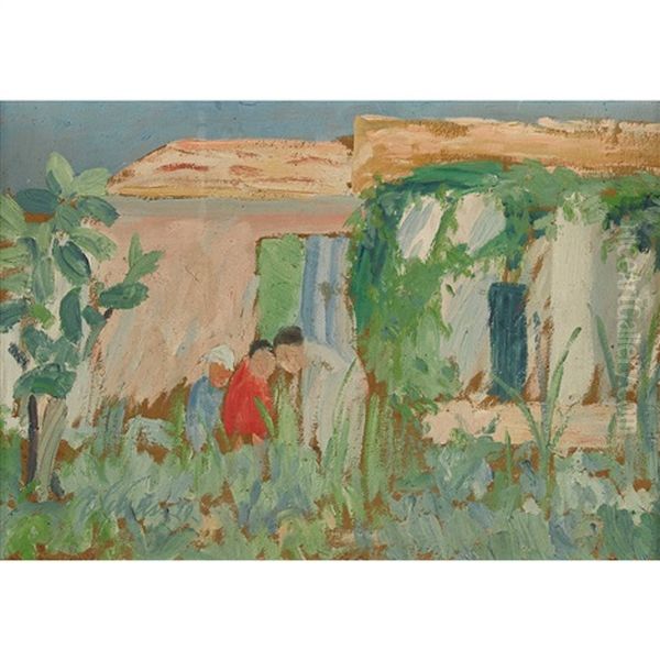 Gartenpartie Mit Personengruppe Oil Painting by Ernst Traugott Schiess