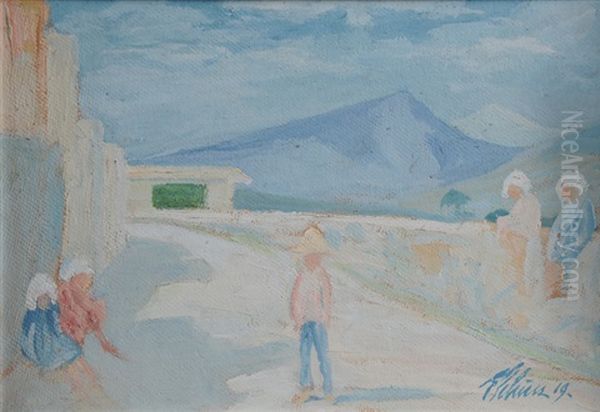 Kinder An Der Strasse Auf Mallorca Oil Painting by Ernst Traugott Schiess