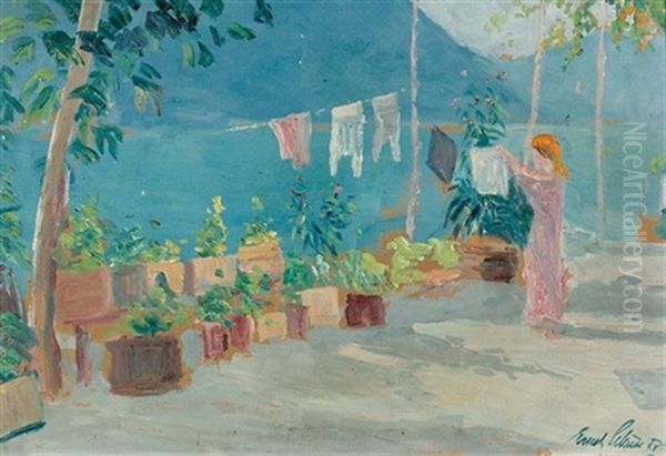 Sonnige Terrasse Am Seeufer Oil Painting by Ernst Traugott Schiess