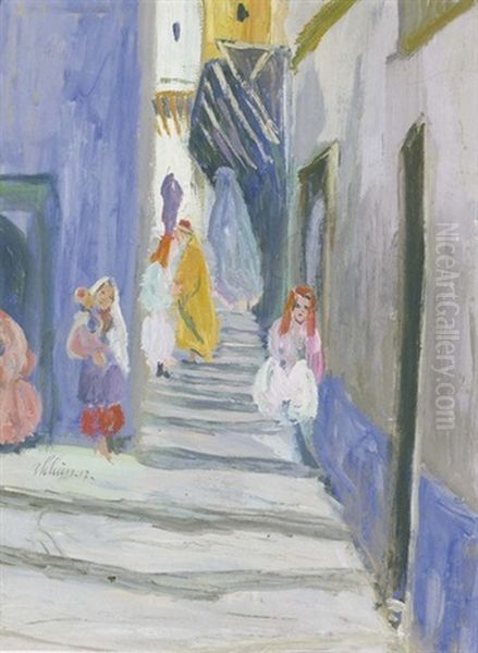 Arabische Altstadtgasse Mit Frauen Und Kindern Oil Painting by Ernst Traugott Schiess