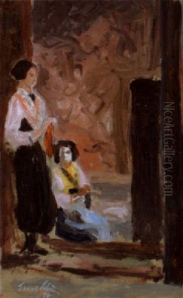 Zwei Frauen In Einer Gasse Oil Painting by Ernst Traugott Schiess