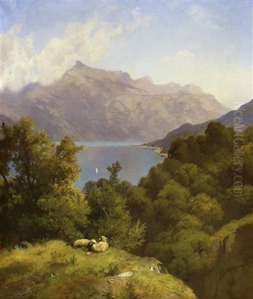 Landschaft An Einem Schweizer Gebirgssee Oil Painting by Traugott Schiess