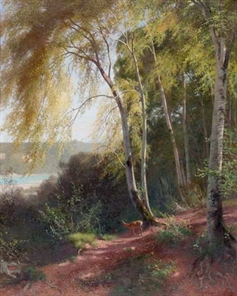 Waldlandschaft Mit Rehen Oil Painting by Traugott Schiess