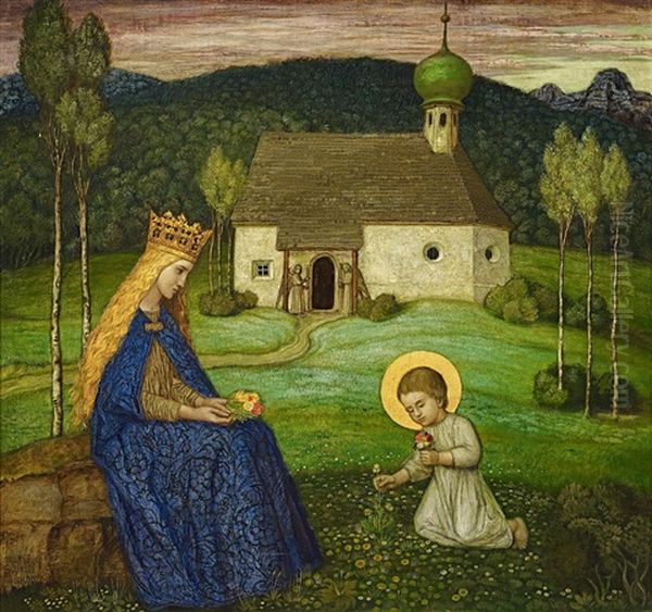 Maria Mit Dem Jesuskind An Der Kapelle Oil Painting by Matthaeus Schiestl