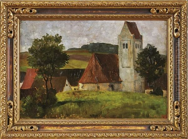 Blick Auf Eine Dorfkirche In Leicht Hugeliger Landschaft Oil Painting by Matthaeus Schiestl