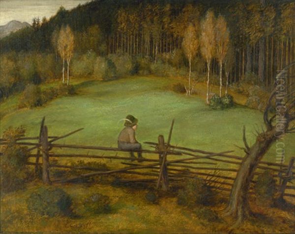 Der Zaunkonig: Kleiner Bergbauernbub Auf Dem Gatter Sitzend Und In Die Landschaft Blickend Oil Painting by Matthaeus Schiestl