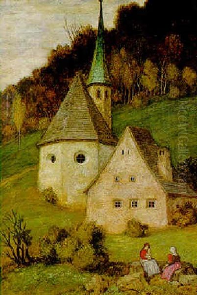 A Hillside Chapel Oil Painting by Matthaeus Schiestl