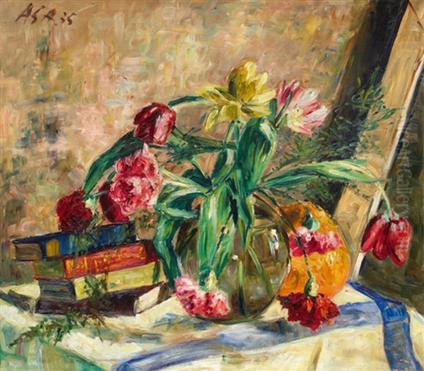 Stillleben Mit Blumenstraus Und Buchern Oil Painting by Albert Schiestl-Arding