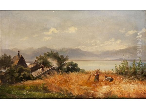 Getreideernte Am Starnberger See Mit Bauernhausern Oil Painting by Robert (August Rudolf) Schietzold