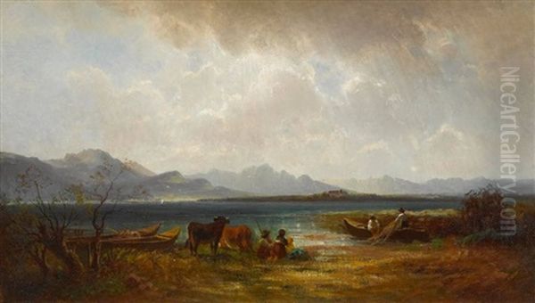 Am Ufer Des Chiemsees. Blick Auf Die Herreninsel Oil Painting by Robert (August Rudolf) Schietzold