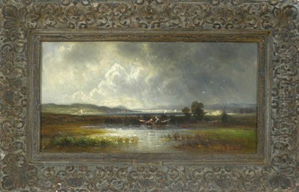 Weite, Oberbayerische Seelandschaft Bei Gewitterstimmung, Im Vordergrund Zwei Fischer Im Ruderboot Oil Painting by Robert (August Rudolf) Schietzold