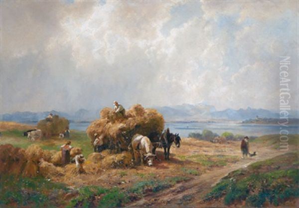 Aufziehendes Gewitter Am Starnberger See, Im Vordergrund Bauern Bei Der Heuernte Oil Painting by Robert (August Rudolf) Schietzold