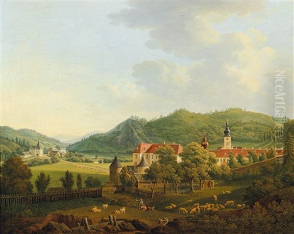 Open Landscape With Monastery Oil Painting by Anton Schiffer