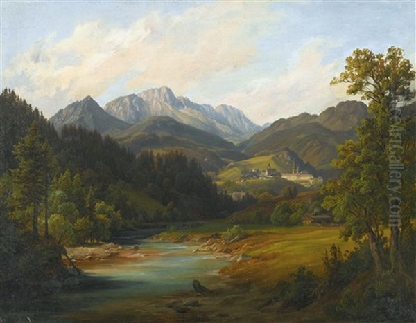 Valley In The Salzkammergut Near Bad Ischl Oil Painting by Anton Schiffer