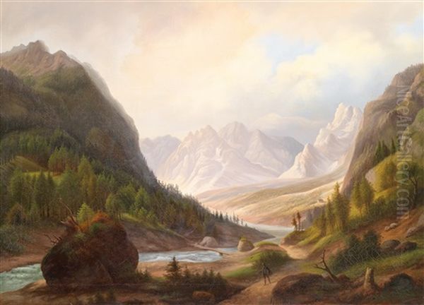 Walkers In A Mountain Valley Oil Painting by Anton Schiffer