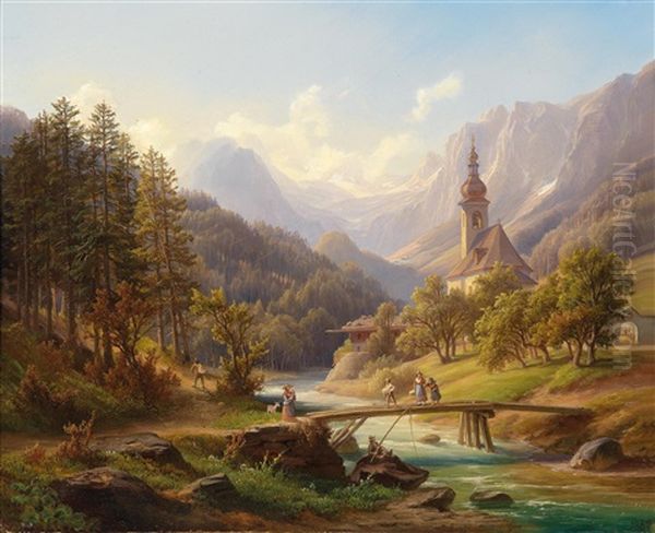 Die Pfarrkirche In Der Ramsau Mit Den Muhlsturzhornern Oil Painting by Anton Schiffer