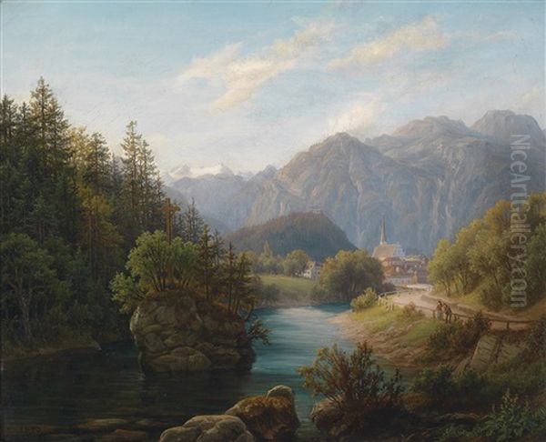 Partie Aus Dem Salzkammergut Mit Blick Auf Die Kirche In Bad Ischl Oil Painting by Anton Schiffer