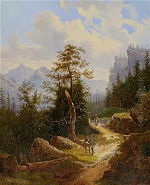 Alpine Landschaften Mit Figuren (pair) Oil Painting by Anton Schiffer