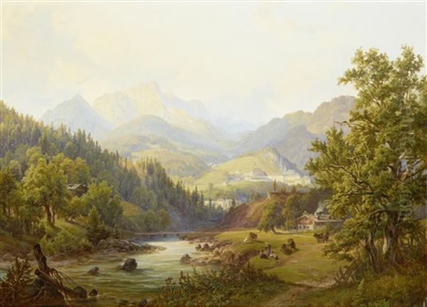 Alpine Landscape Oil Painting by Anton Schiffer