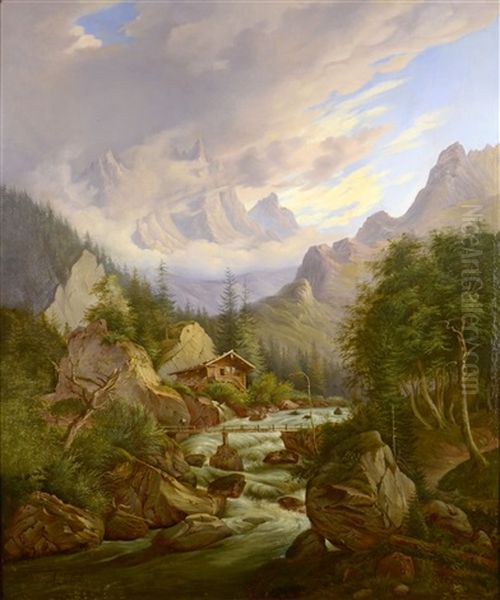 Mountain Landscape Oil Painting by Anton Schiffer