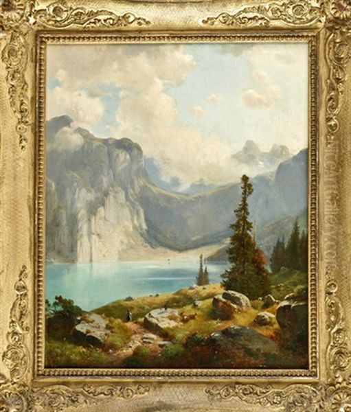 Bergsee Im Hochgebirge Mit Sennerin Und Ziegen Oil Painting by Anton Schiffer