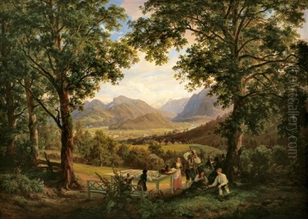 Rast Bei Der Erntearbeit Mit Blick Auf Den Dachstein Oil Painting by Anton Schiffer