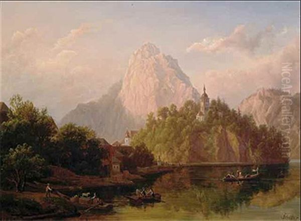 Der Traunstein Und Der Johannesberg In Traunkirchen Oil Painting by Anton Schiffer