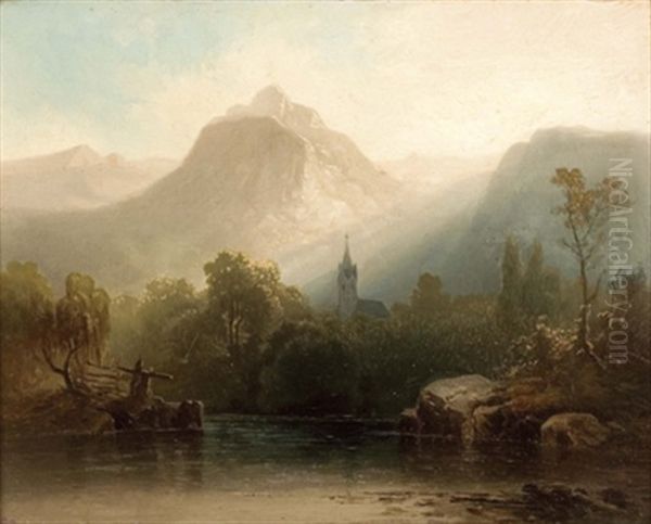 Flusslandschaft Mit Blick Auf Kirche Im Abendlicht Oil Painting by Anton Schiffer