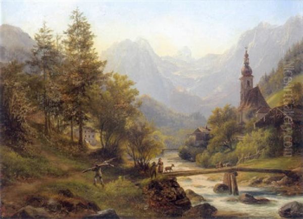 Blick Auf Die Ortskirche In Ramsau, Berchtesgaden Oil Painting by Anton Schiffer