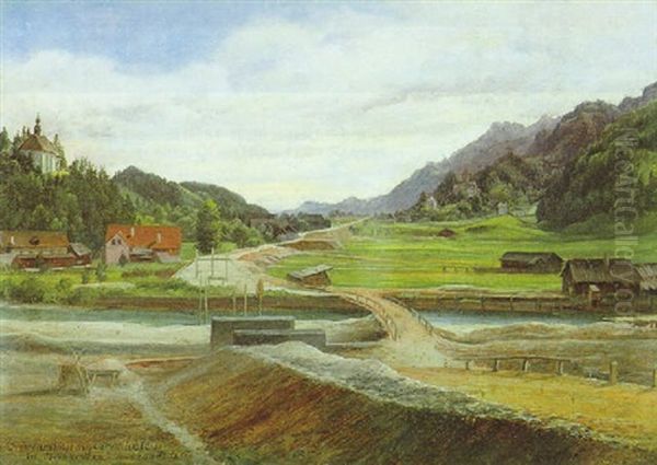 Bruckenbau Bei Arnoldstein In Oberkarnthen Am 24. Juni, 1857 Oil Painting by Anton Schiffer