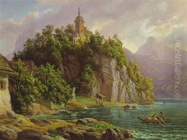 Parthie Von Traunkirchen Am Gmundner See Im Salzkammer Gute Oil Painting by Anton Schiffer