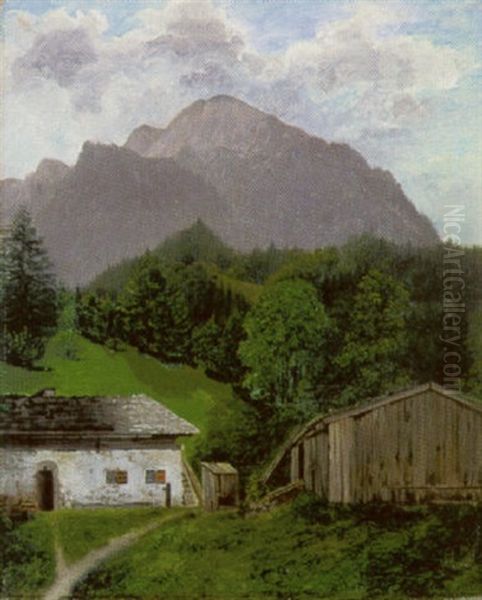 Bauernhaus Und Scheune Im Gebirgstal Oil Painting by Anton Schiffer