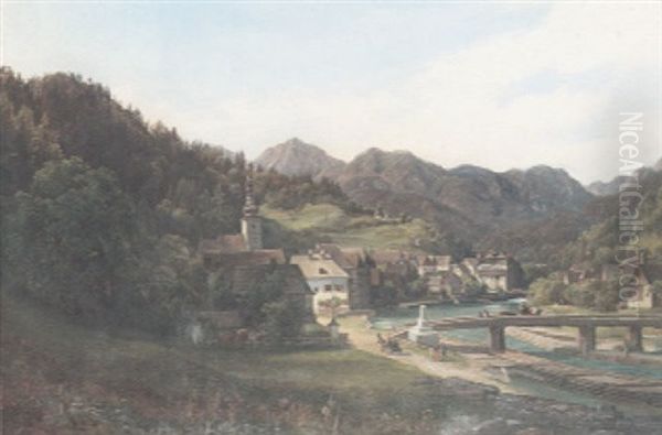 A View Of A Town By A River With Figures Crossing A Bridge In The Foreground And An Extensive Mountain View Beyond Oil Painting by Anton Schiffer