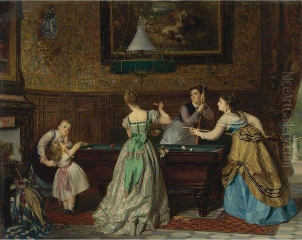 Ladies Playing Billiards Oil Painting by Charles Edouard Boutibonne