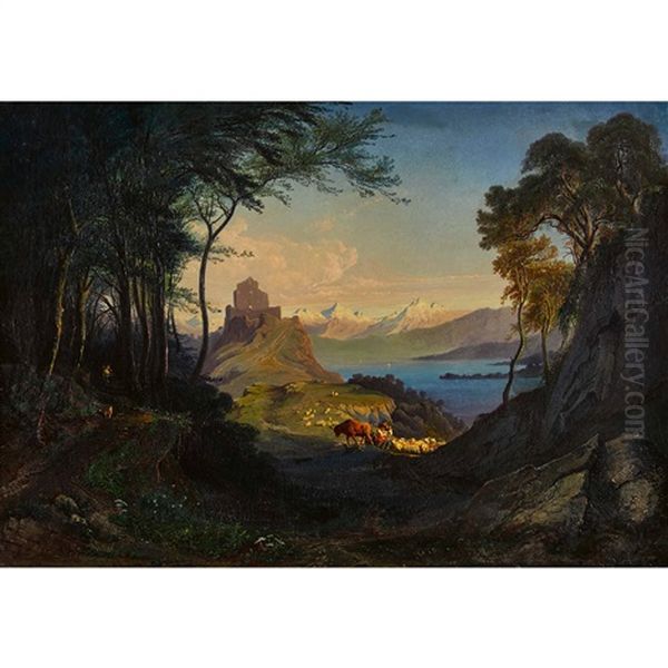 Burgruine Mit See Und Alpenkulisse Oil Painting by Jost Joseph Niklaus Schiffmann