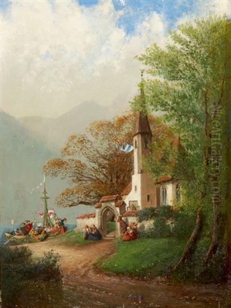 Vor Einem Kirchlein Vom See Ankommende Boote Mit Festlicher Gesellschaft Mit Maibaum Und Trompeter Oil Painting by Jost Joseph Niklaus Schiffmann