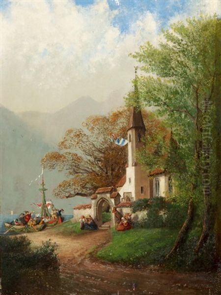 Vor Einem Kirchlein Vom See Ankommende Boote Mit Festlicher Gesellschaft Oil Painting by Jost Joseph Niklaus Schiffmann