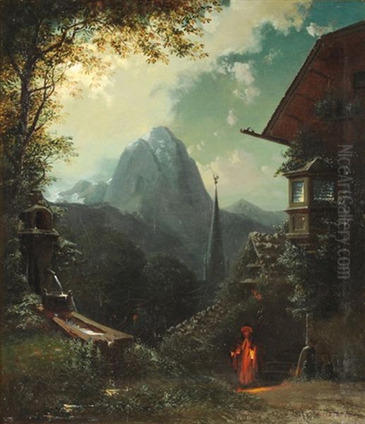 Mondnacht In Partenkirchen Oil Painting by Jost Joseph Niklaus Schiffmann