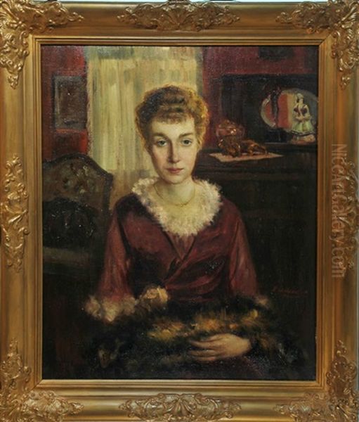 Halbportrait Einer Sitzenden Dame Im Roten Kleid Mit Katze Auf Ihrem Schos Oil Painting by Jacob Schikaneder