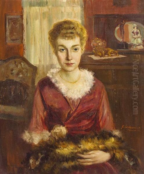 Halbportrait Der Marie Charlotte Iversen (fussen) In Rotem Kleid Mit Ihrer Katze Oil Painting by Konrad Schikaneder