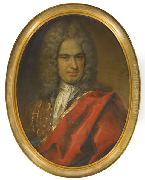 Portrait Of A Gentleman, Half-length, Wearing A Gold Embroidered Jacket And Red Cape Oil Painting by Christian Schilbach